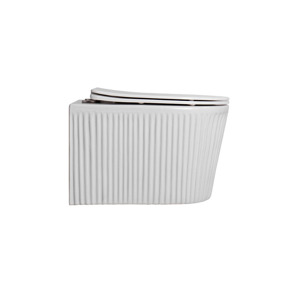 Muffly Hangtoilet met Ribbel - Randloos - 360° Flush - met Zitting - Duroplast - Soft Close - Quick Release - Keramiek - 36,5X52X34,6 cm - Glanzend Wit