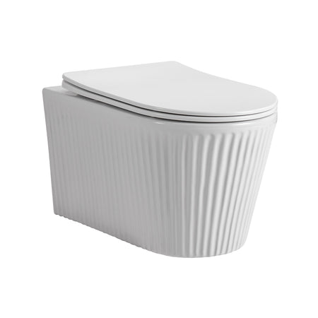 Muffly Hangtoilet met Ribbel - Randloos - 360° Flush - met Zitting - Duroplast - Soft Close - Quick Release - Keramiek - 36,5X52X34,6 cm - Glanzend Wit