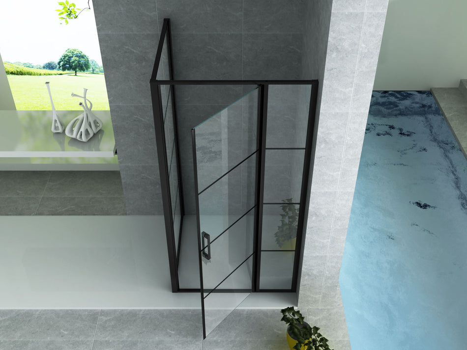 Douchecabine met Draaideur, Vast Wandje en Zijwand - 90x140cm - Mat Zwart - Helder Glas met Zwart Raster