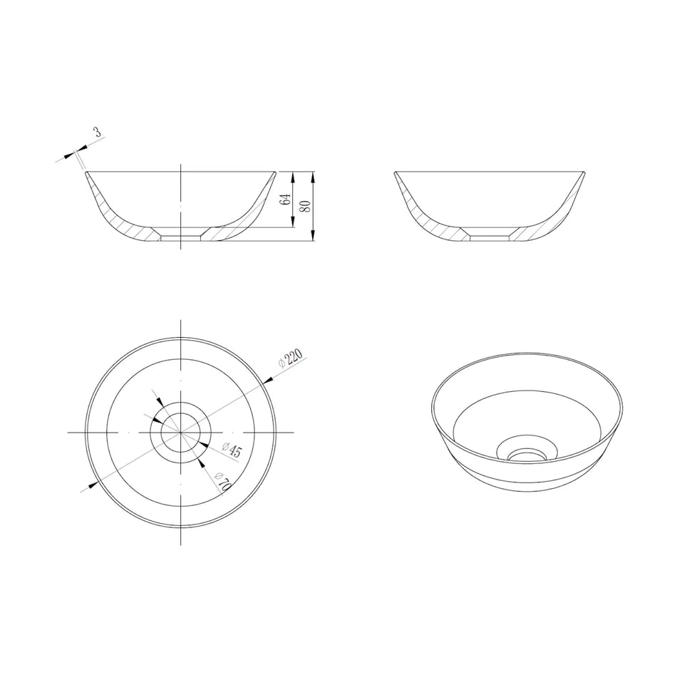 DutchLine - Solid.Surface Waskom Graphite - T.B.V. Fonteinkast - 220x80mm