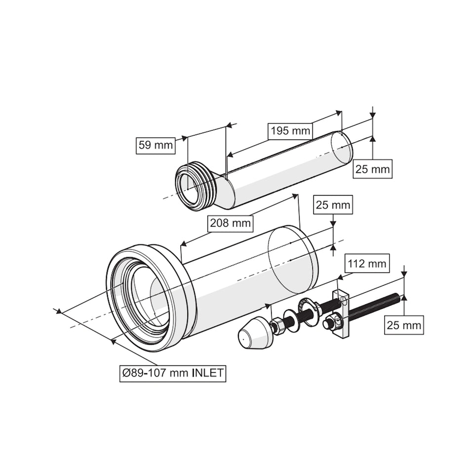 DutchLine - WC Verhoogset (25mm) Excentrisch - Ø50mm x 260mm - Ø89-107mm x Ø88mm x 260mm