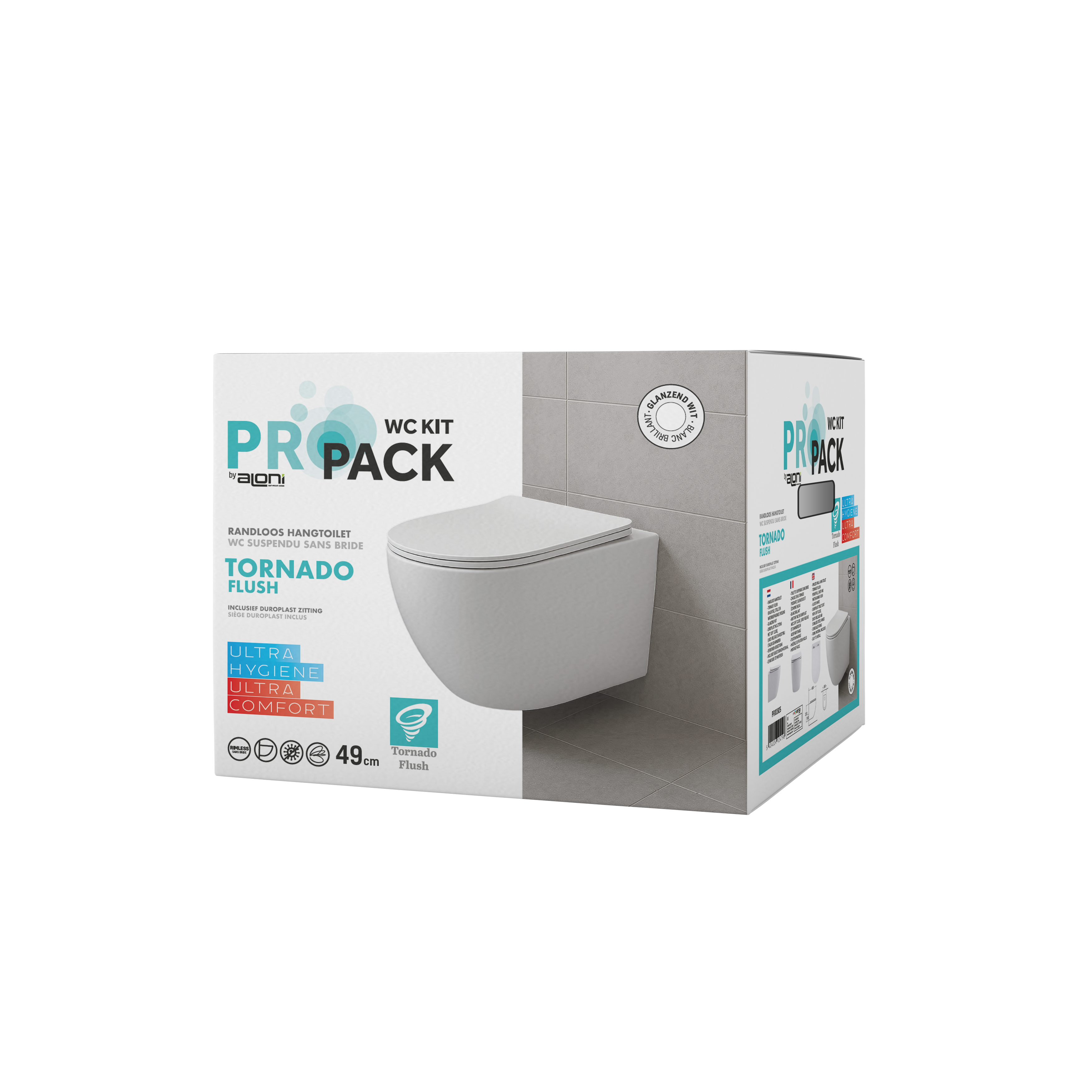 Pro Hangtoilet - 360° Flush - Randloos - met Zitting - Duroplast - Soft Close - Quick Release - Compact 49 cm - 36X32X49 cm - Glanzend Wit