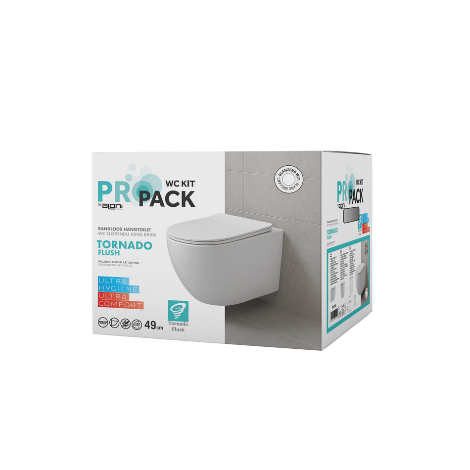 Pro Hangtoilet - 360° Flush - Randloos - met Zitting - Duroplast - Soft Close - Quick Release - Compact 49 cm - 36X32X49 cm - Glanzend Wit
