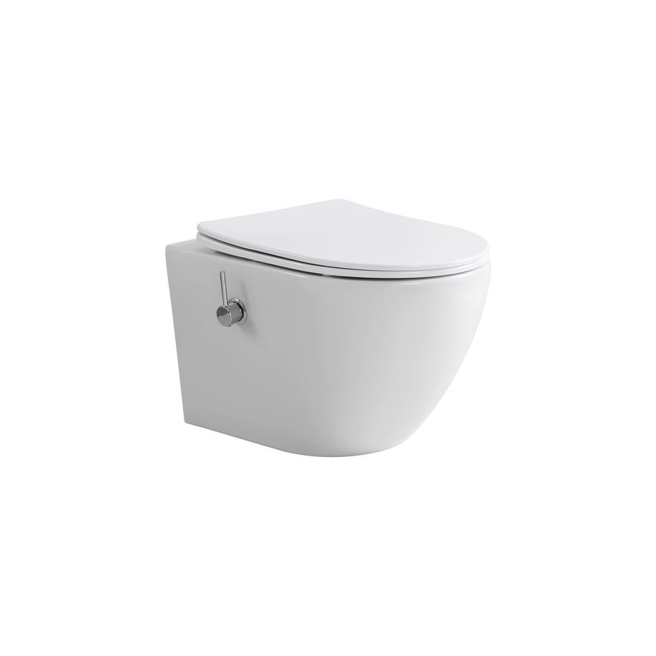 Pro Hangtoilet met Bidet - 360° Flush - Randloos - met Bidetkraan Koud en Warm Water - met Zitting - 52,5CM - Glanzend Wit