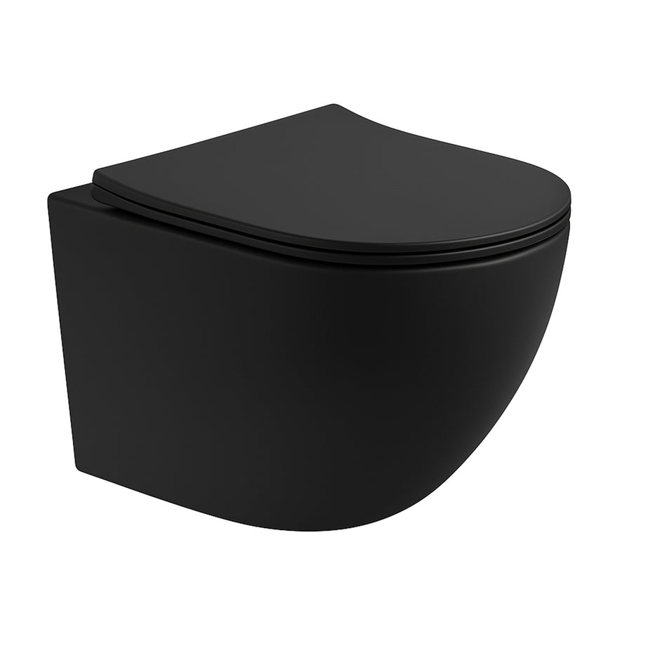 Pro Hangtoilet - 360° Flush - Randloos - met Zitting - Duroplast - Soft Close - Quick Release - Compact 49 cm - 36X32X49 cm - Mat Zwart