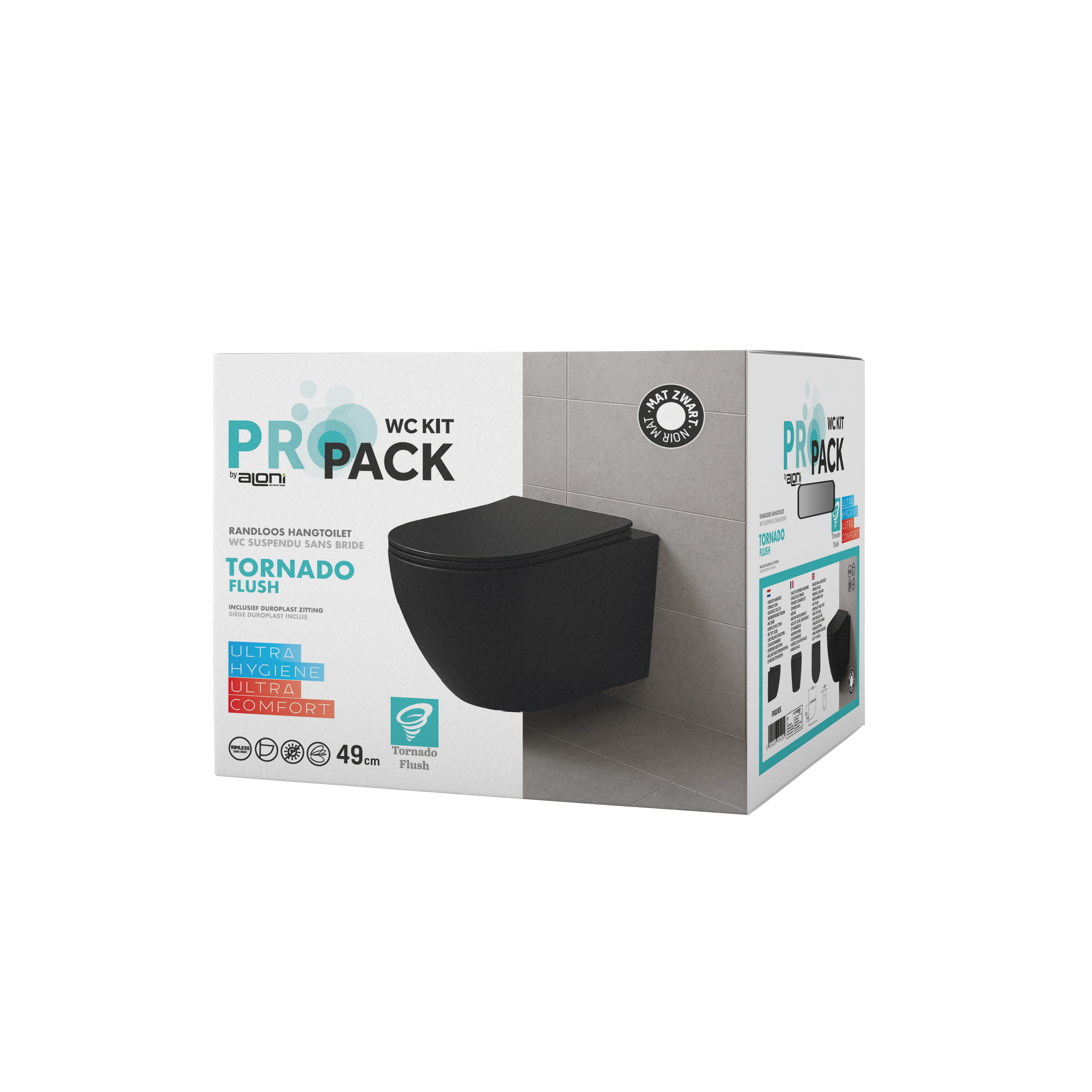 Pro Hangtoilet - 360° Flush - Randloos - met Zitting - Duroplast - Soft Close - Quick Release - Compact 49 cm - 36X32X49 cm - Mat Zwart