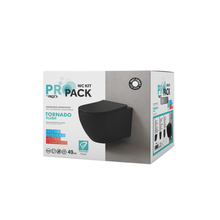 Pro Hangtoilet - 360° Flush - Randloos - met Zitting - Duroplast - Soft Close - Quick Release - Compact 49 cm - 36X32X49 cm - Mat Zwart