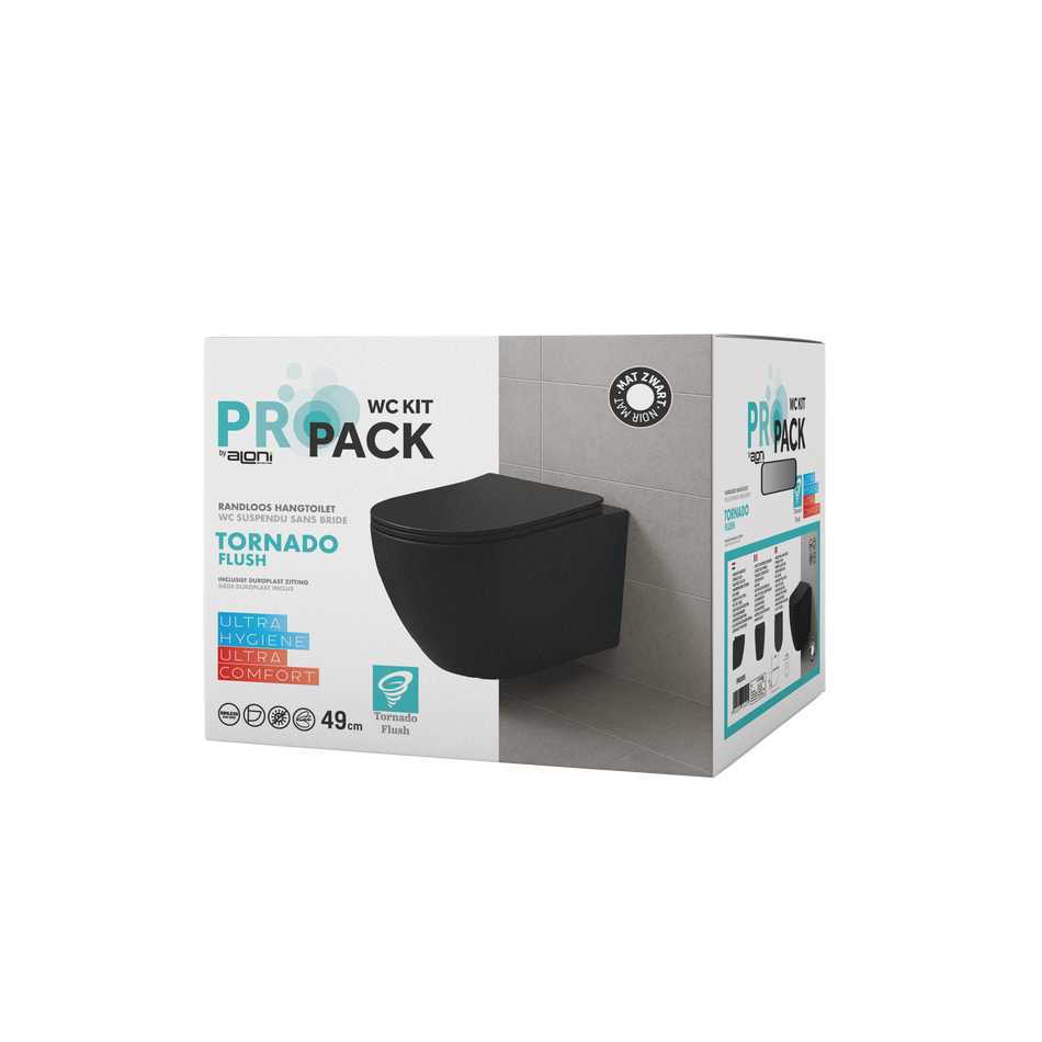 Pro Hangtoilet - 360° Flush - Randloos - met Zitting - Duroplast - Soft Close - Quick Release - Compact 49 cm - 36X32X49 cm - Mat Zwart