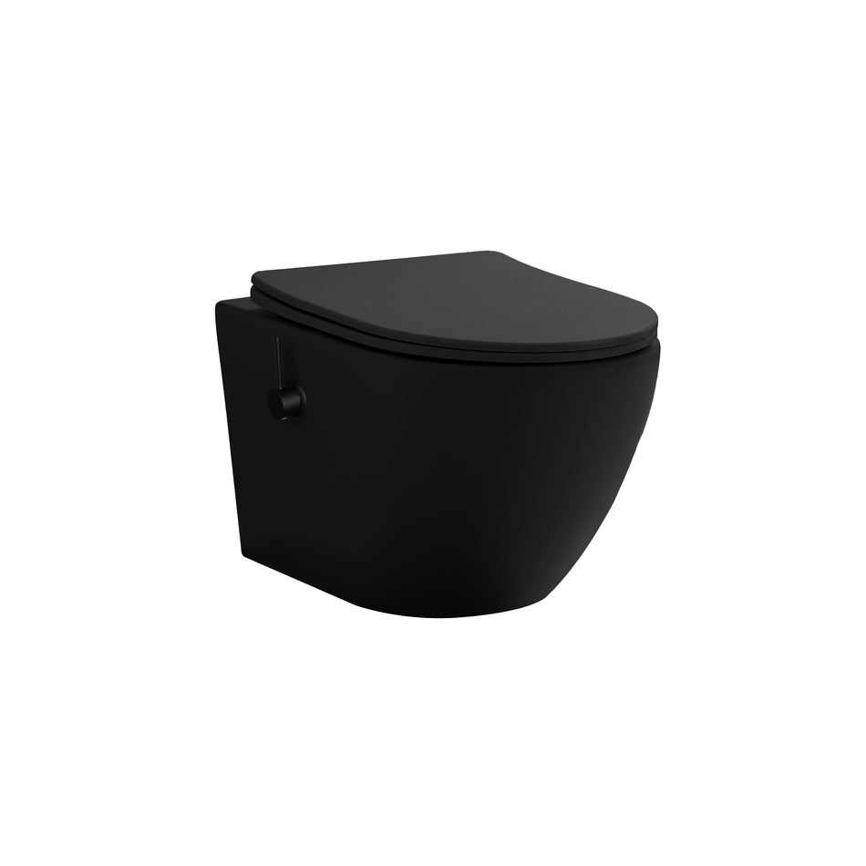 Pro Hangtoilet met Bidet - 360° Flush - Randloos - met Bidetkraan Koud en Warm Water - met Zitting - 52,5CM - Mat Zwart