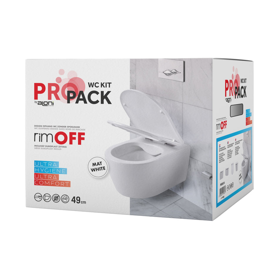 Pro Hangtoilet - Randloos - met Zitting - Duroplast - Soft Close - Quick Release - Compact 49 cm - 36X25X49 cm - Mat Wit