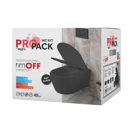 Pro Hangtoilet - Randloos - met Zitting - Duroplast - Soft Close - Quick Release - Compact 49 cm - 36X25X49 cm - Mat Zwart
