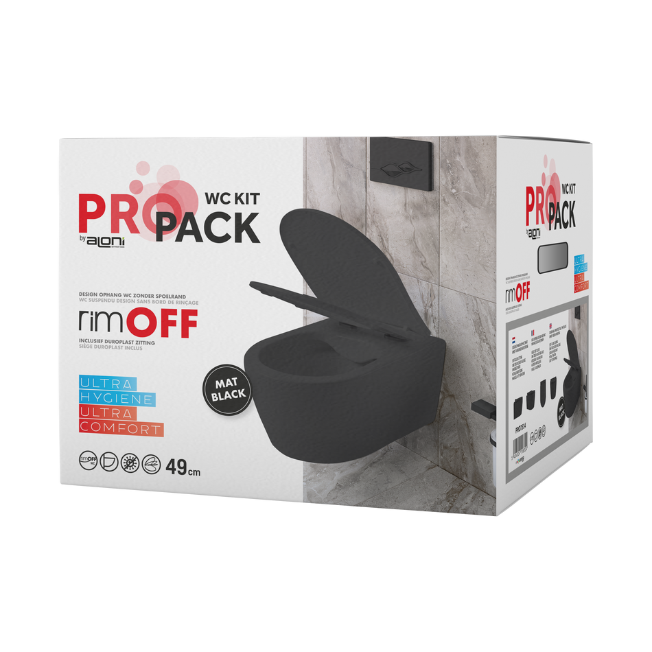 Pro Hangtoilet - Randloos - met Zitting - Duroplast - Soft Close - Quick Release - Compact 49 cm - 36X25X49 cm - Mat Zwart