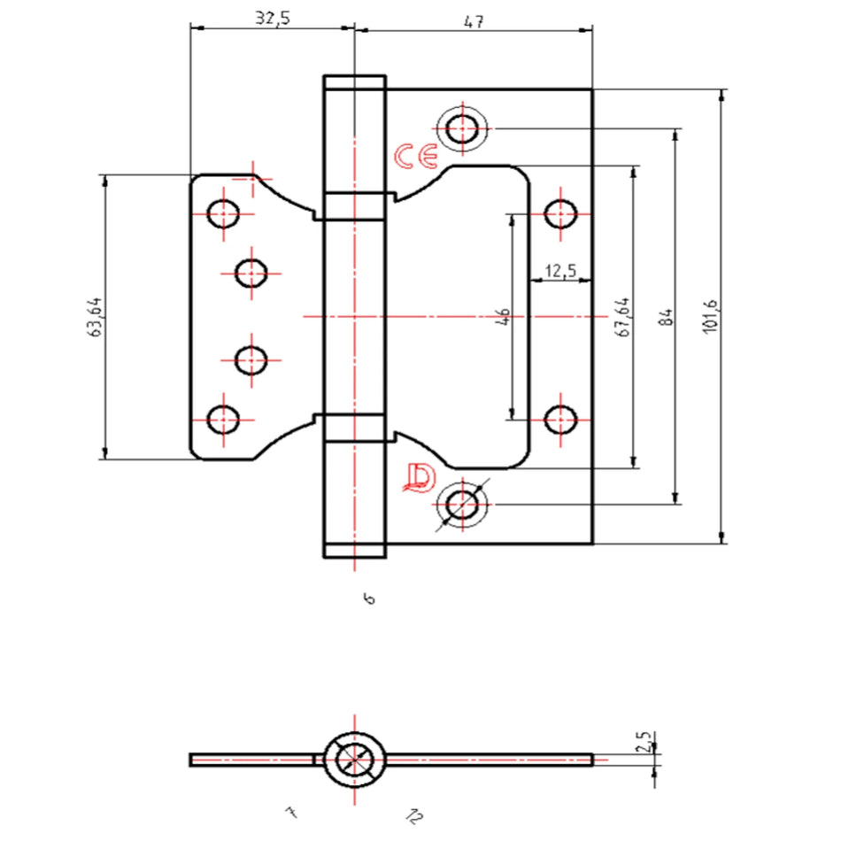 DutchLine - Scharnier zonder frees-werk - RVS - 101.6x79.5mm