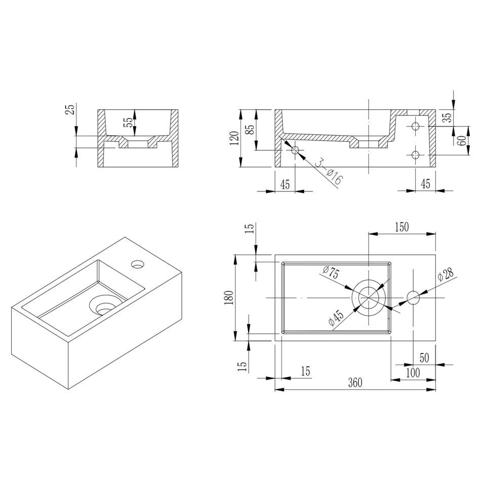 DutchLine - Solid.Surface Fontein - Mat Wit Links - 360x180x120mm