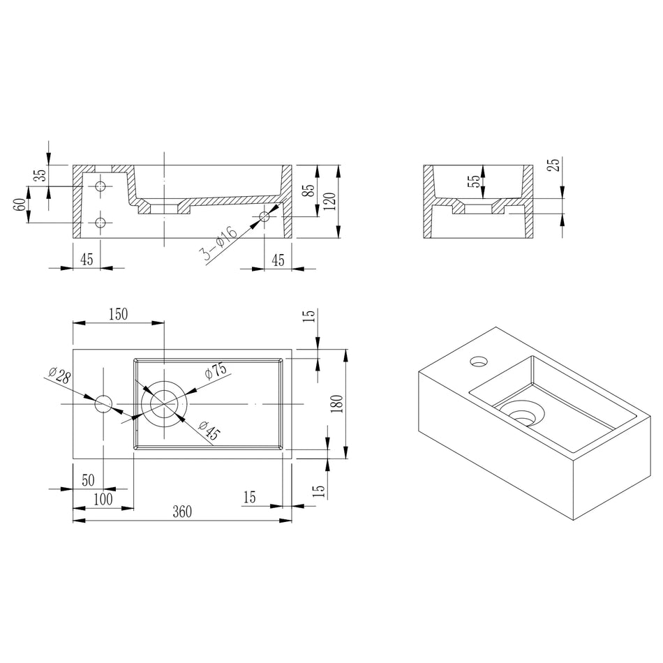 DutchLine - Solid.Surface Fontein - Mat Wit Rechts- 360x180x120mm