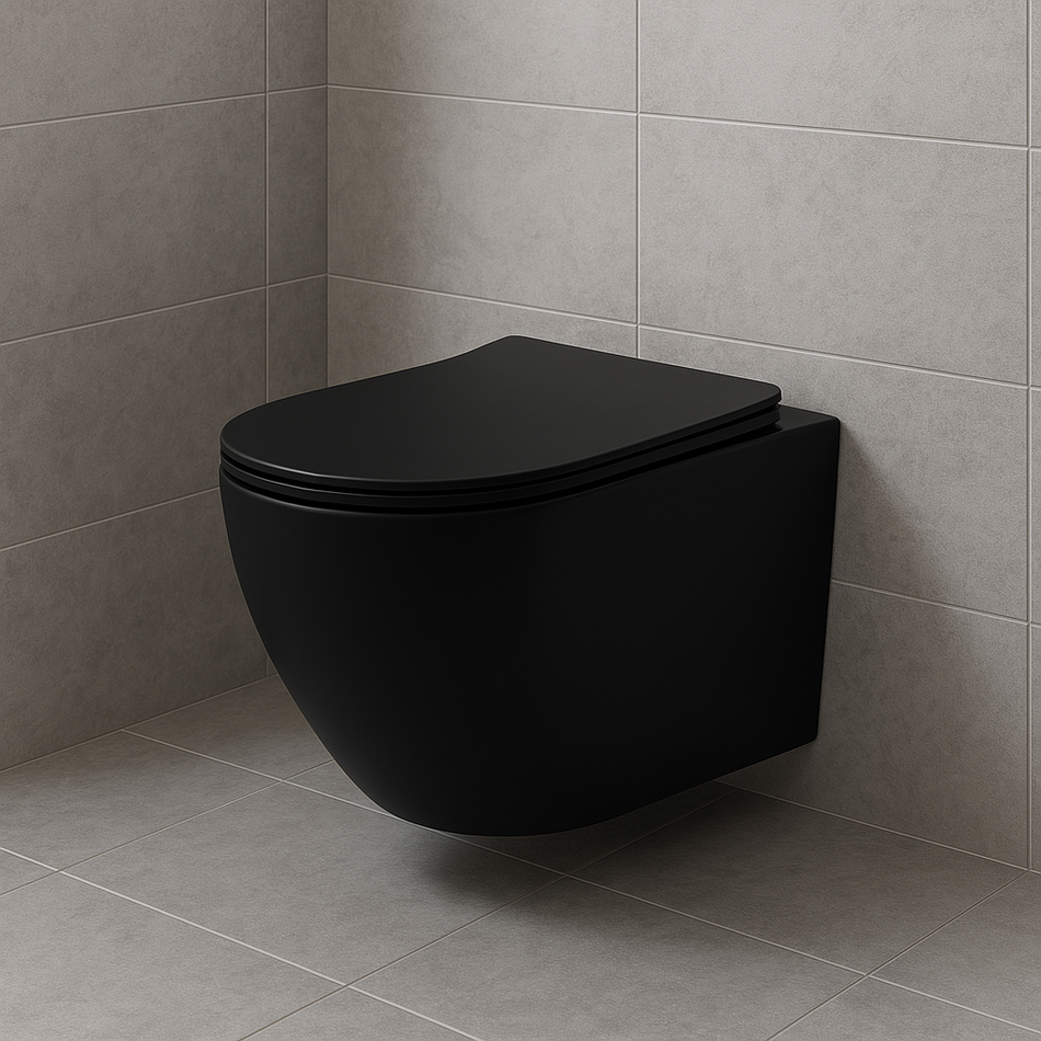 Pro Hangtoilet - 360° Flush - Randloos - met Zitting - Duroplast - Soft Close - Quick Release - Compact 49 cm - 36X32X49 cm - Mat Zwart